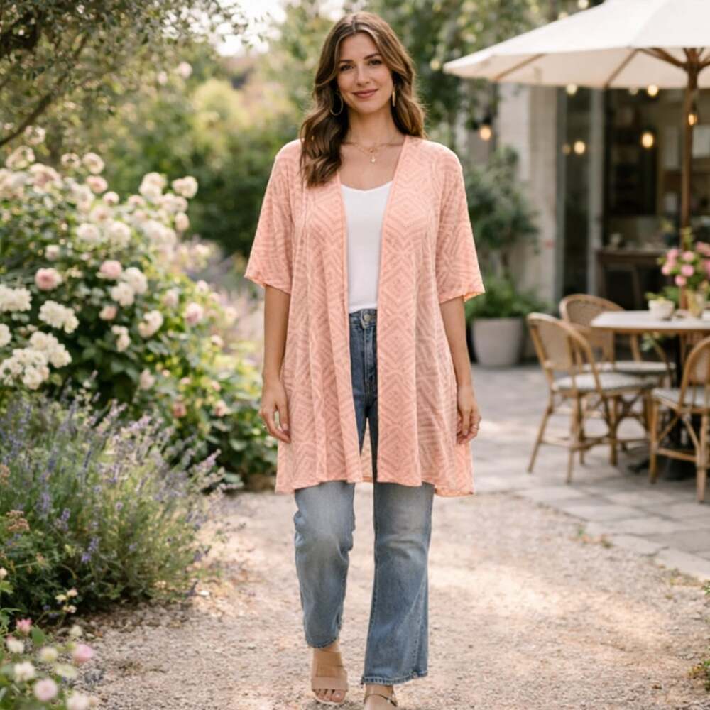 Torrid Peach Geo Mesh Hi-Lo Kimono Swimsuit Cover Up Plus Size 3/4